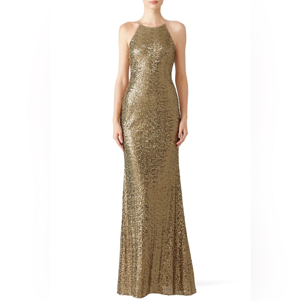 Badgley Mischka - gold sequin halter gown - 14